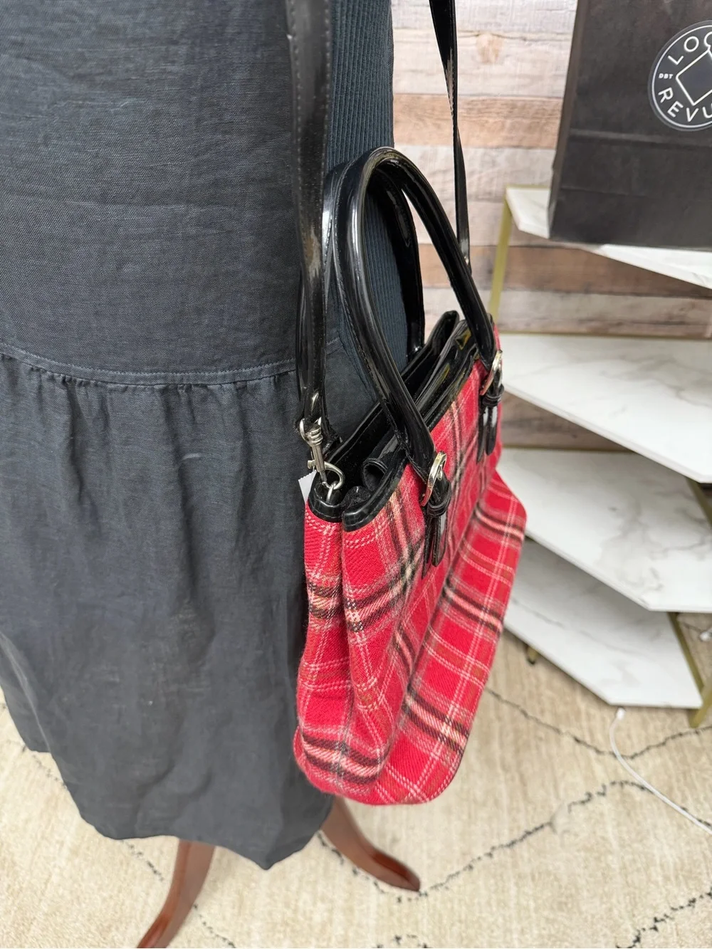 Sonoma Red & Black Plaid Handbag Leather Trim